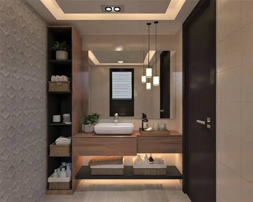 Spa-style bathroom with a wooden vanity, vessel basin and backlit mirror