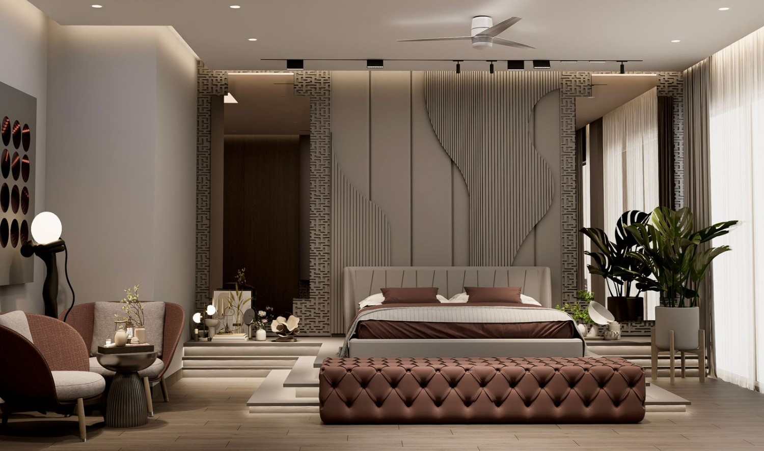 Master bedroom with a tufted leather bench, fluted feature wall and jali screen partitions