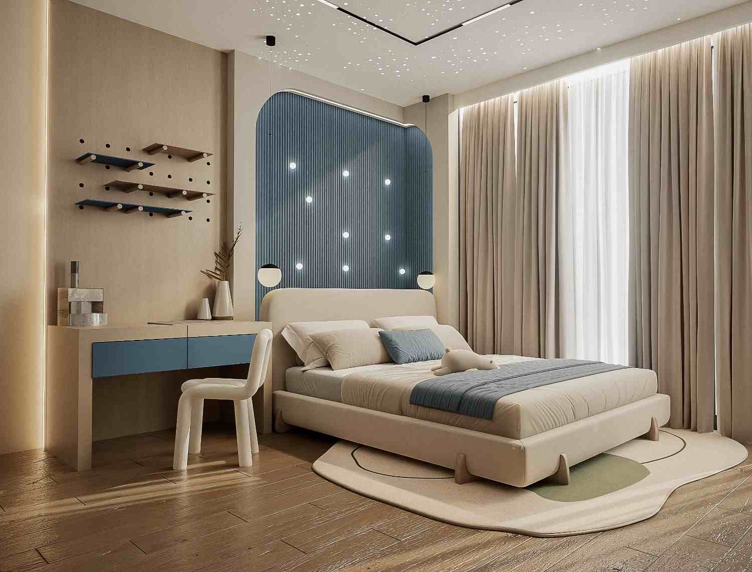 Kids' bedroom with a blue fluted starlight headboard, floating shelves and a study desk
