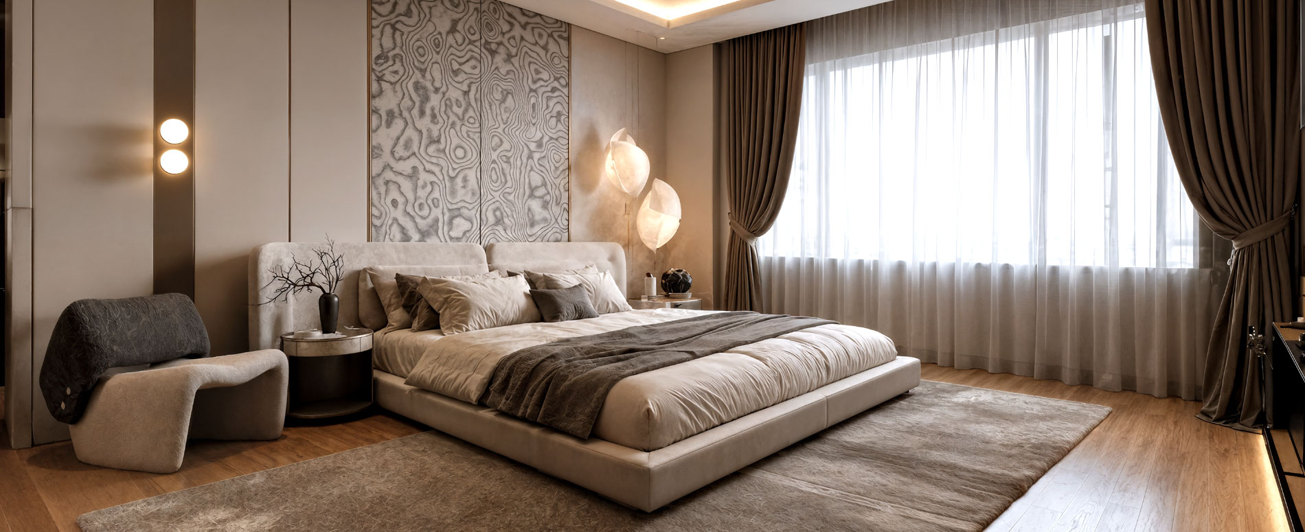 Warm master bedroom with upholstered headboard, sheer drapes and soft lighting