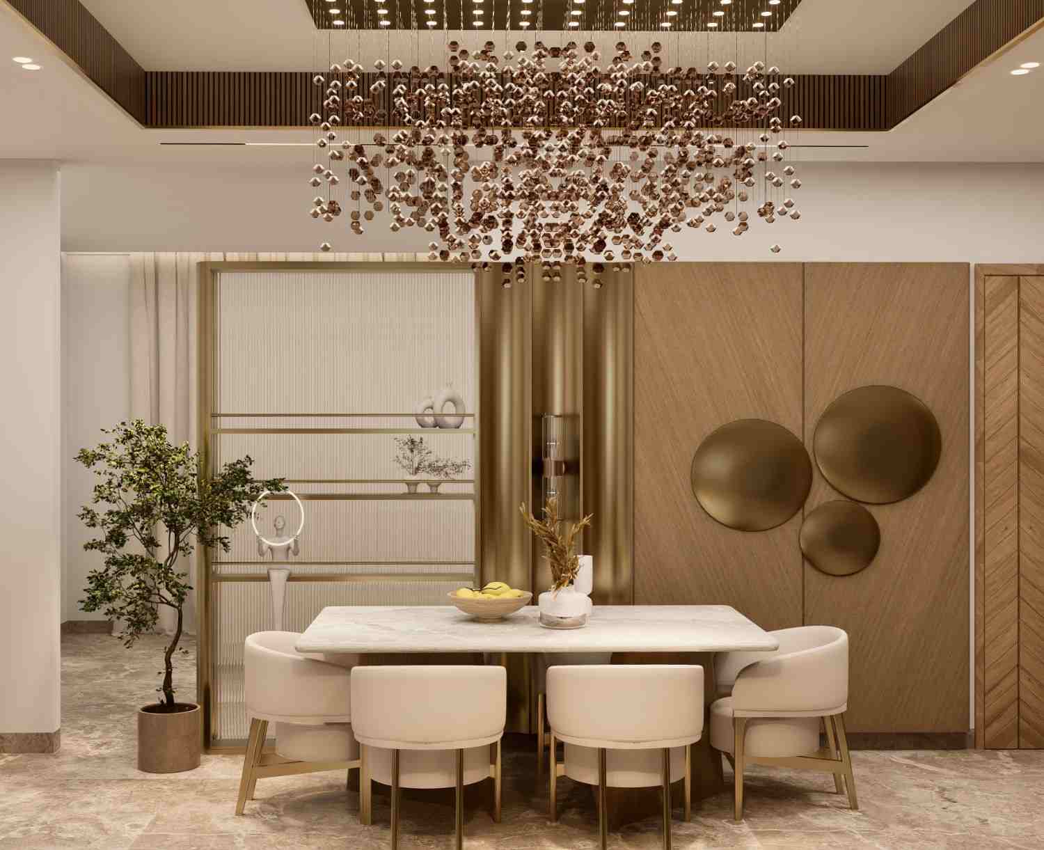 Formal dining with a marble table, cream chairs and gold disc wall décor on a wood panel