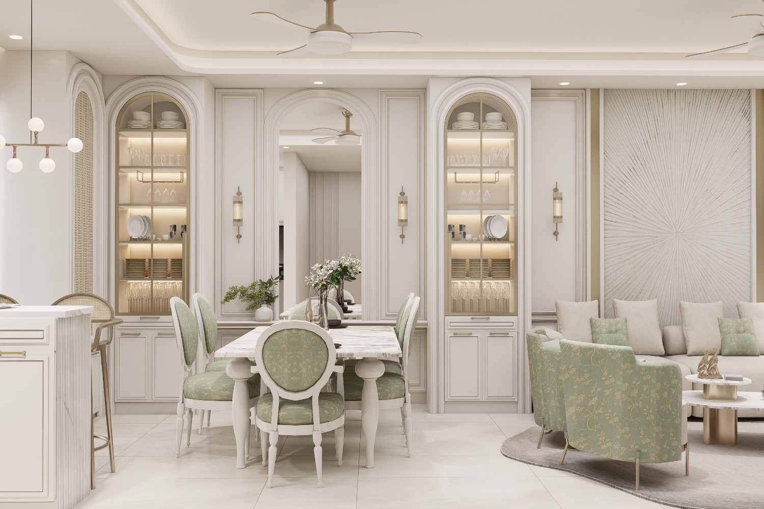 Classic dining with a marble table, green upholstered chairs and arched display cabinets