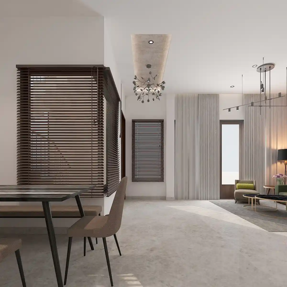 Open-plan dining and living area with wooden blinds and a sculptural chandelier
