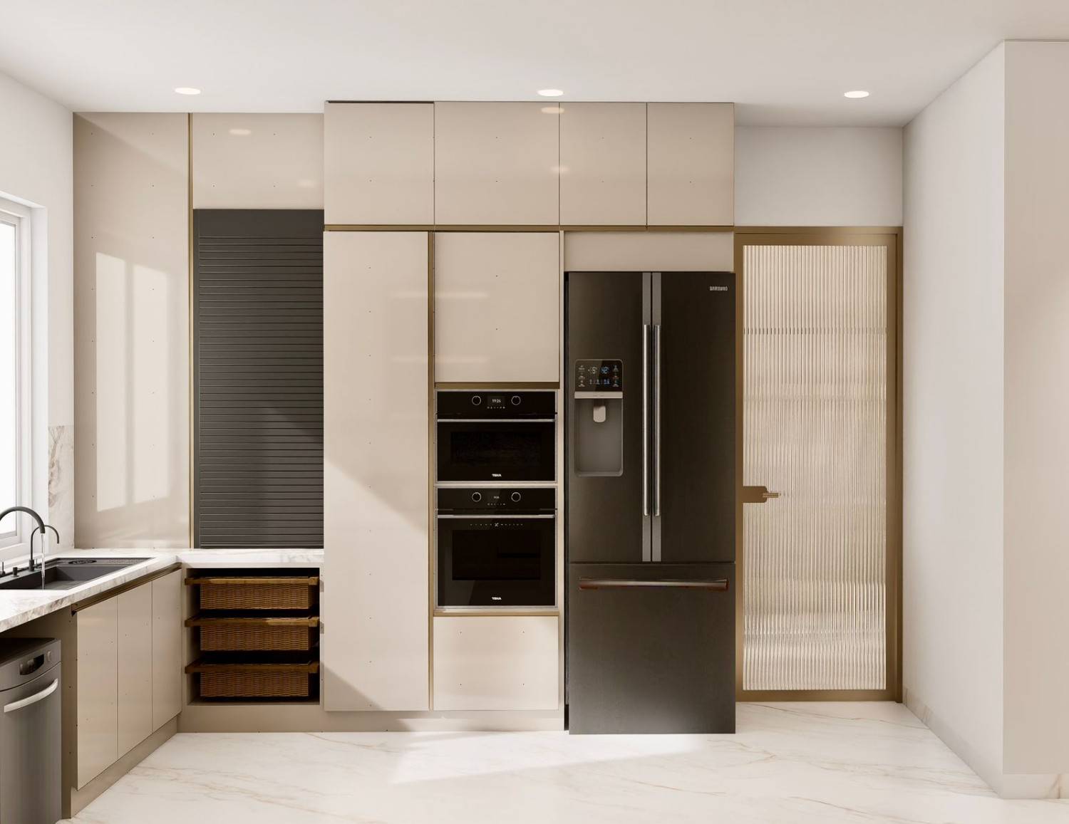Modular kitchen with tall cream cabinetry, built-in ovens and a black steel refrigerator