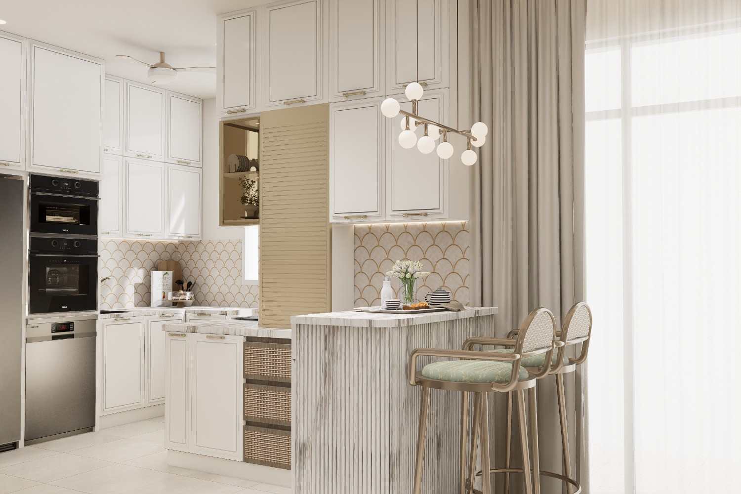 Classic white kitchen with a fluted breakfast bar, scalloped backsplash and bar stools