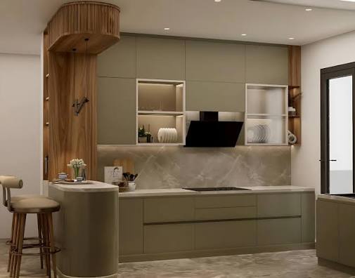 Compact modular kitchen with a breakfast counter and warm wood cabinetry