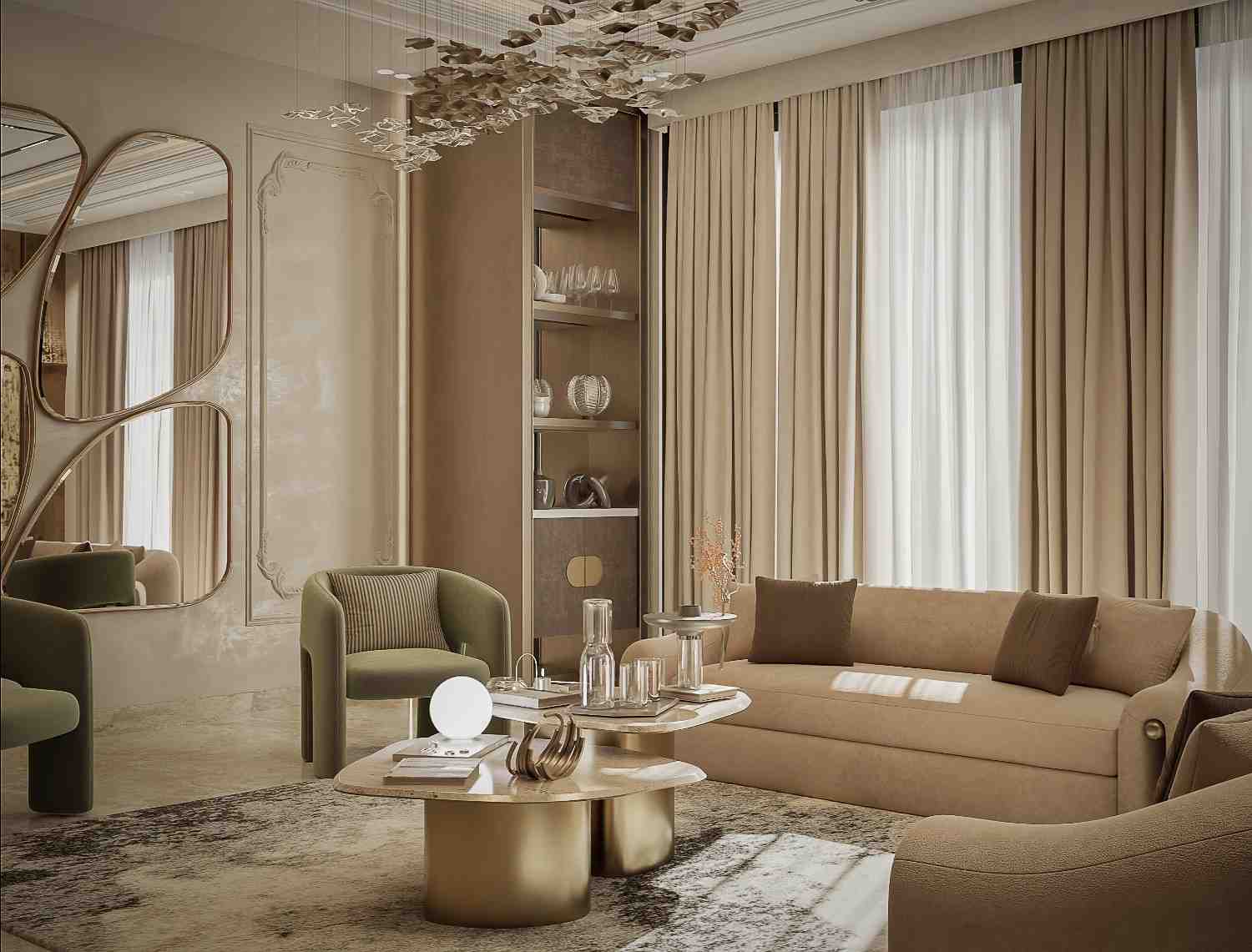 Elegant living room with a beige sofa, olive accent chairs, curved mirrors and brass coffee tables