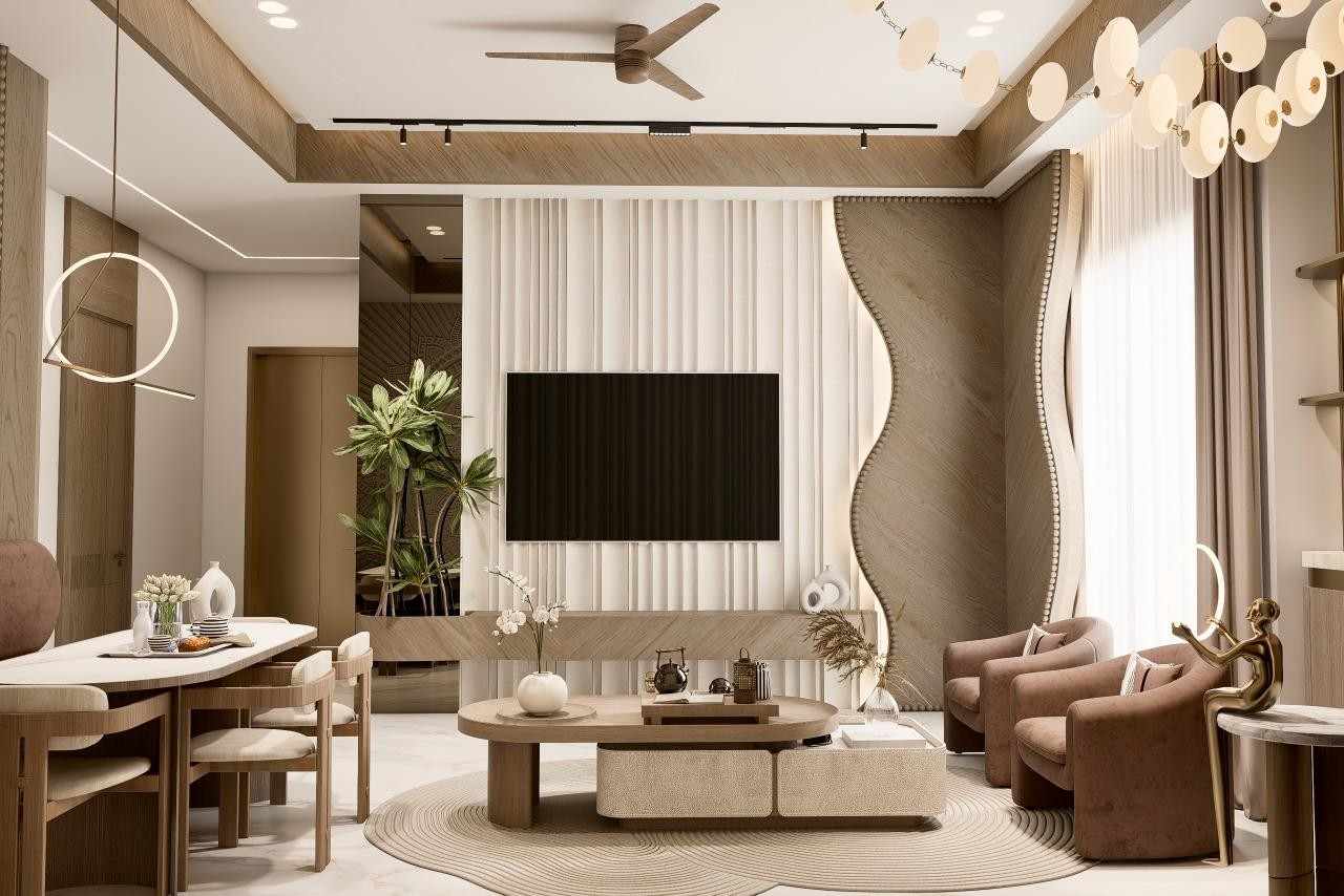 Living room with a fluted media wall, brown accent chairs and a wooden coffee table