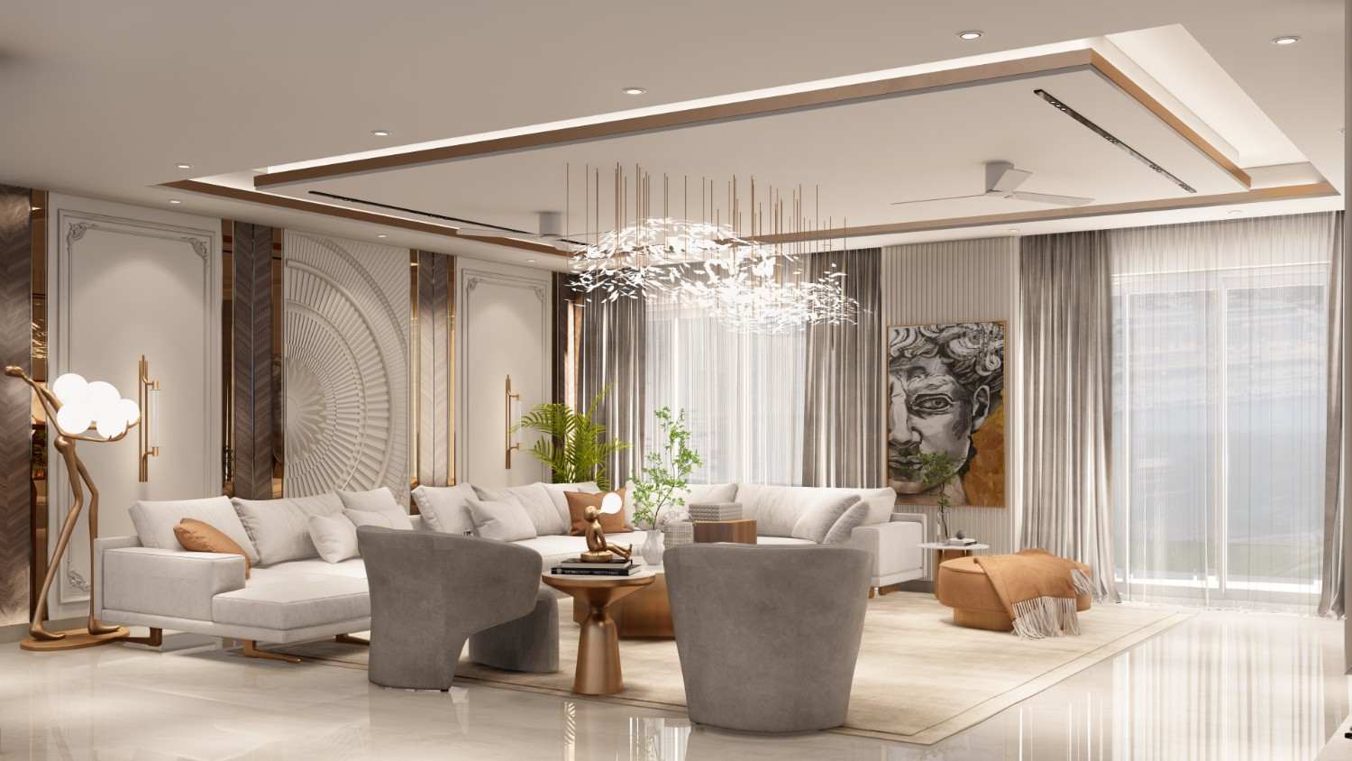 Grand living room with a sectional sofa, sculptural grey chairs and a feather-cloud chandelier