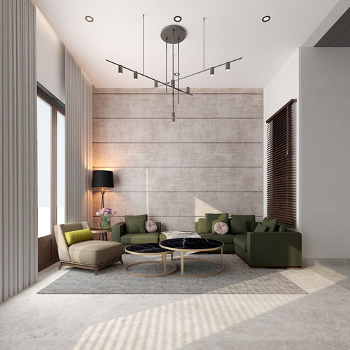 Double-height living room with olive sofas, concrete feature wall and brass coffee tables