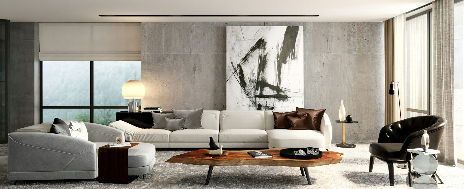 Expansive living room with concrete walls, cream sofas and a live-edge wood coffee table