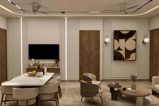 Living room with a display wall, geometric art and a marble dining table