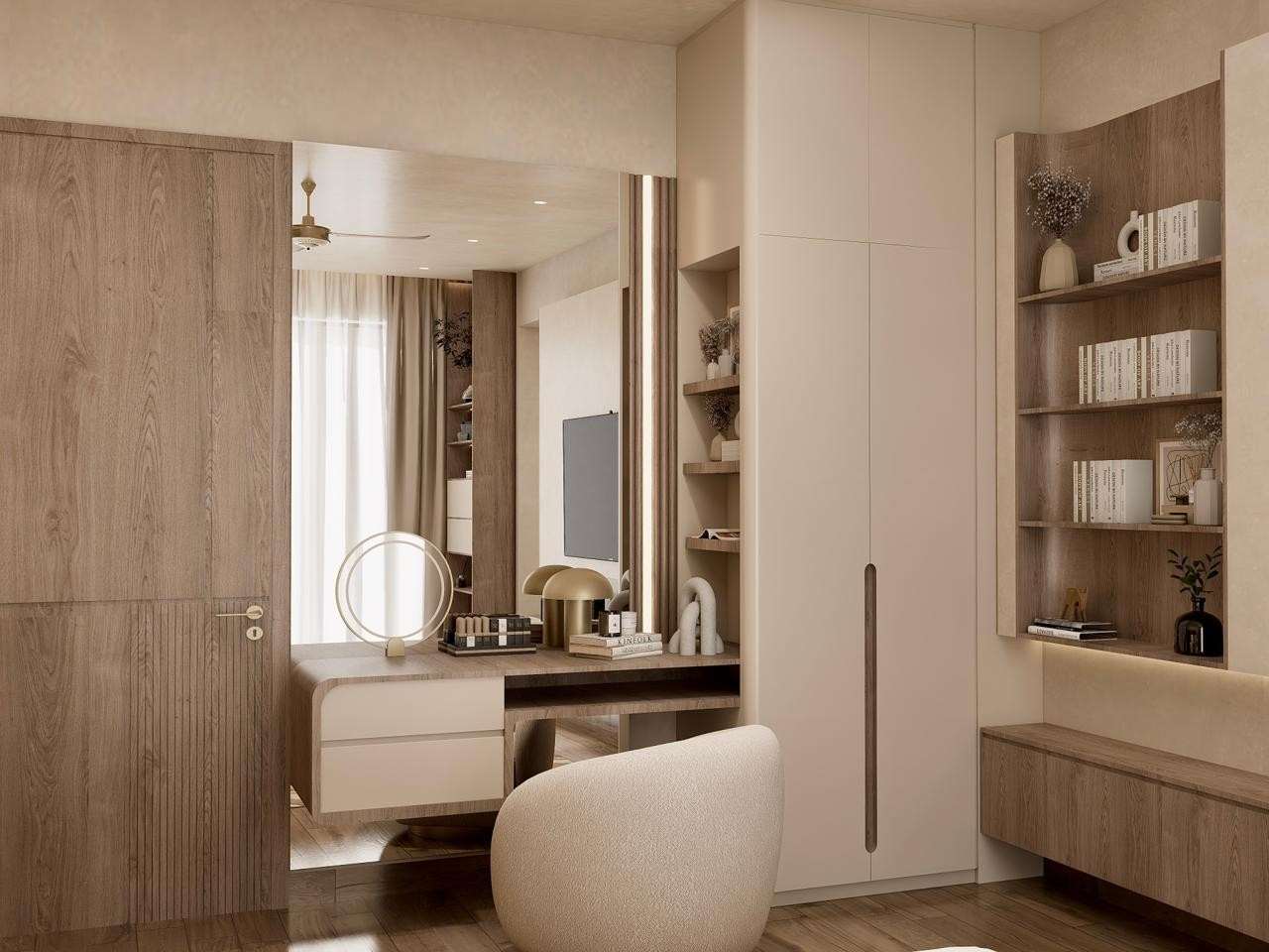 Study and dressing area with a desk, backlit vanity mirror, wardrobe and open shelving