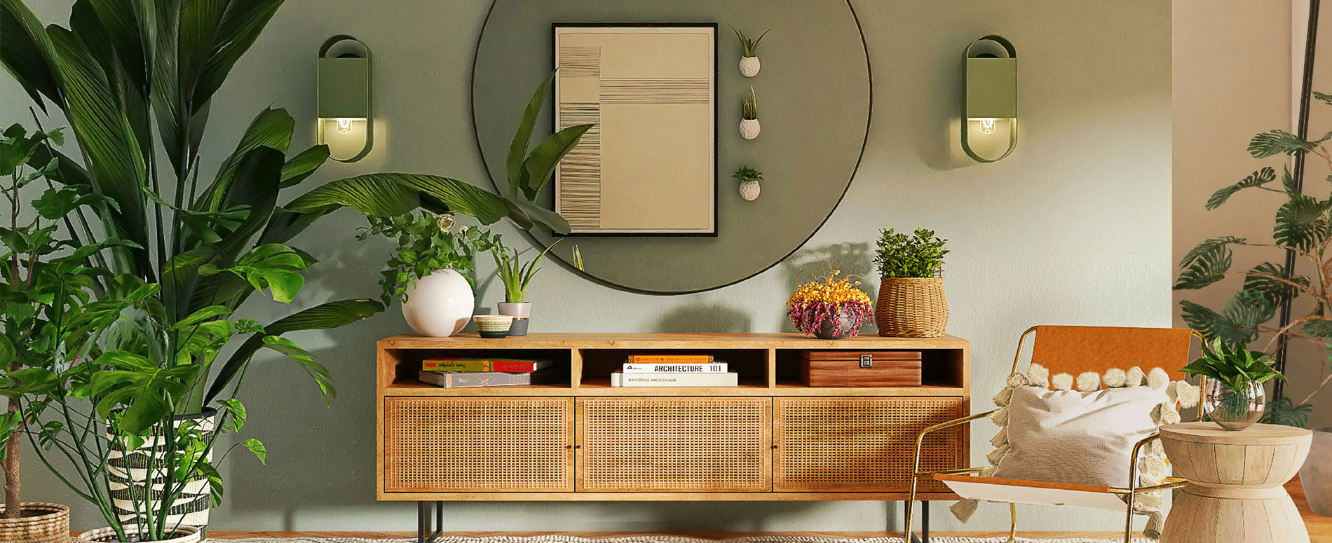 Styled console against a sage wall with cane storage, plants and brass sconces